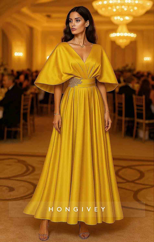 A-line Ankle-Length V Neck Flutter Sleeves Evening Gown Appliqued