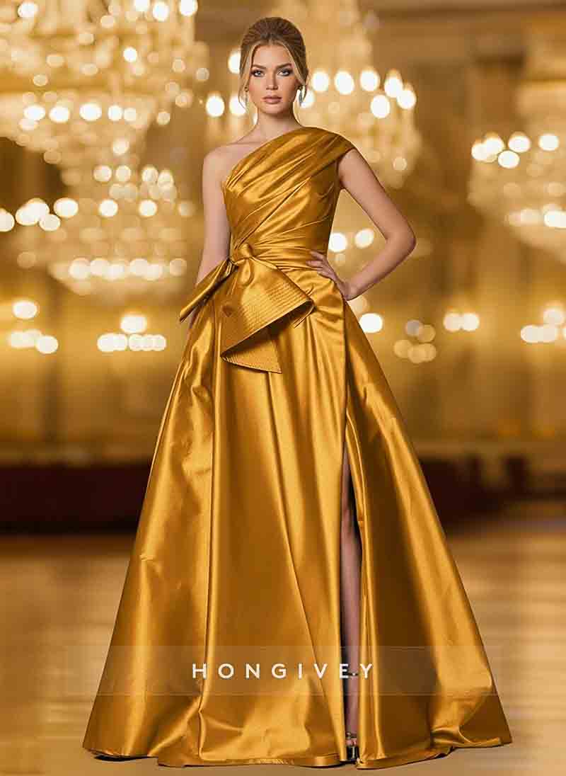 One Shoulder Bow A-Line Slit Evening Dress
