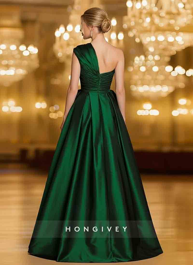 One Shoulder Bow A-Line Slit Evening Dress