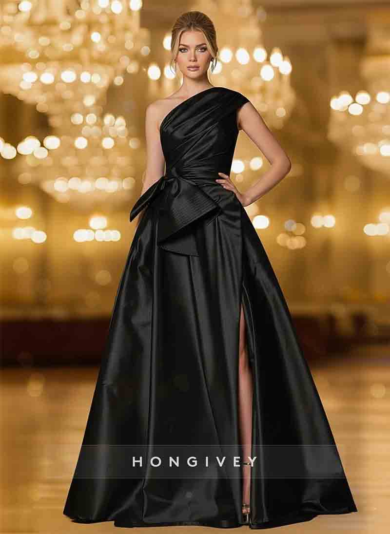 One Shoulder Bow A-Line Slit Evening Dress