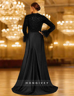Sequins Feather Long Sleeve A-Line Slit Evening Dress