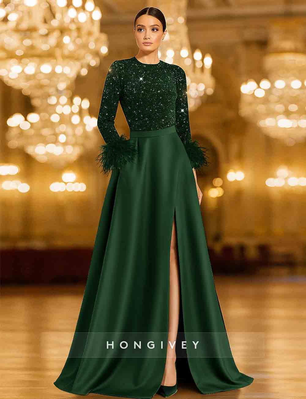 Sequins Feather Long Sleeve A-Line Slit Evening Dress
