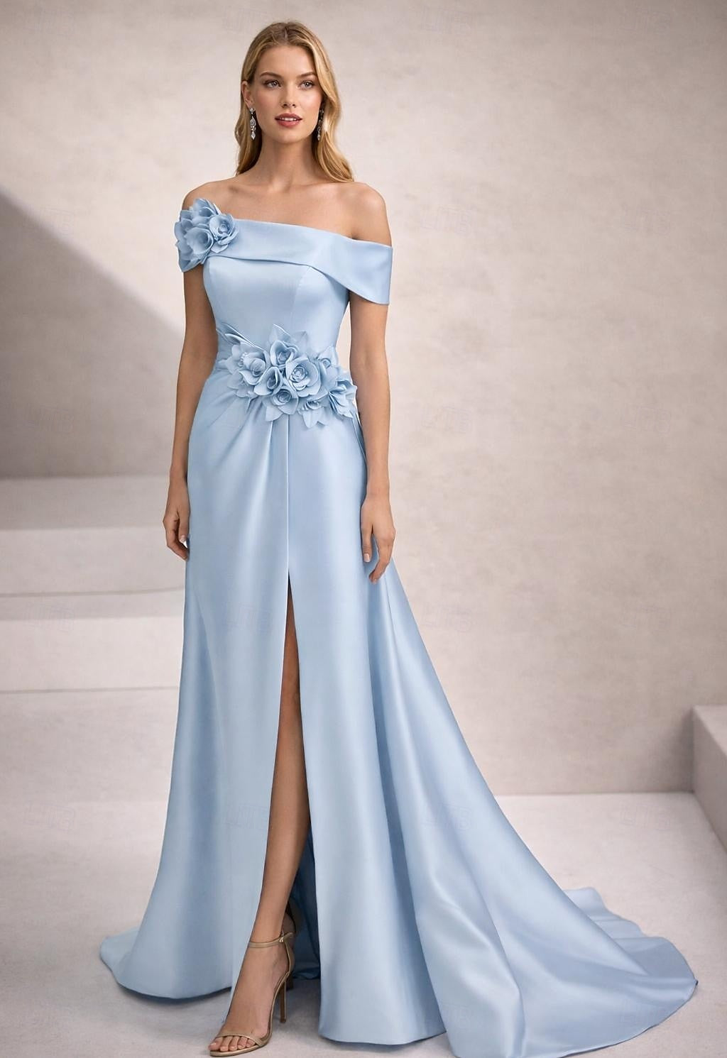 Off the Shoulder Flowers Sleeveless A-Line Side Slit Evening Dress