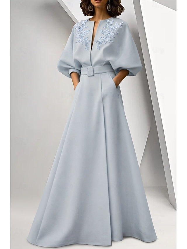 Half Sleeve Applique Belt Evening Gown Mother of the Bride Dress