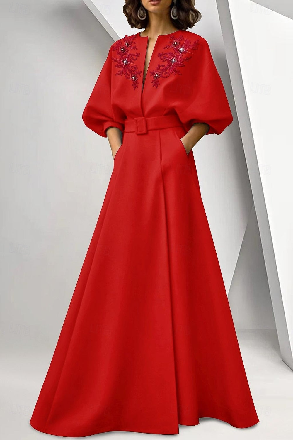 Half Sleeve Applique Belt Evening Gown Mother of the Bride Dress