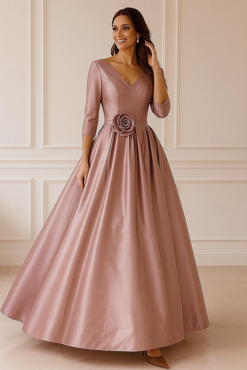 Formal V-Neck 3/4 Sleeve Flowers A-Line Floor-Length Evening Dress