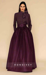 A-Line Floor Length Evening Gown Elegant Silky Long Sleeve High Neck Pocket Satin Stretch Satin with Bow