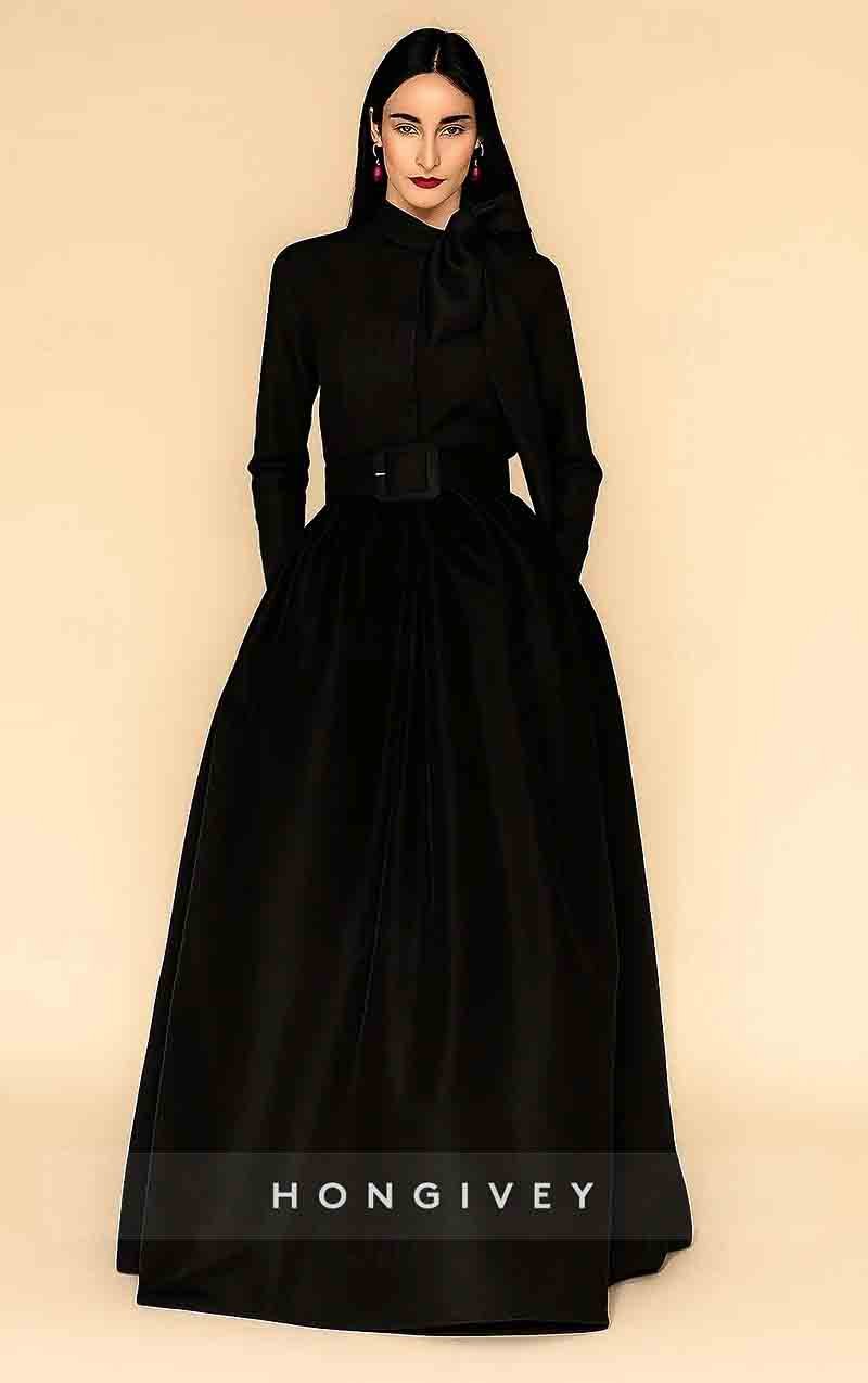 A-Line Floor Length Evening Gown Elegant Silky Long Sleeve High Neck Pocket Satin Stretch Satin with Bow