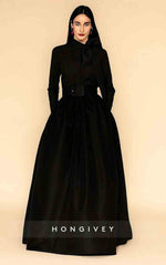 A-Line Floor Length Evening Gown Elegant Silky Long Sleeve High Neck Pocket Satin Stretch Satin with Bow