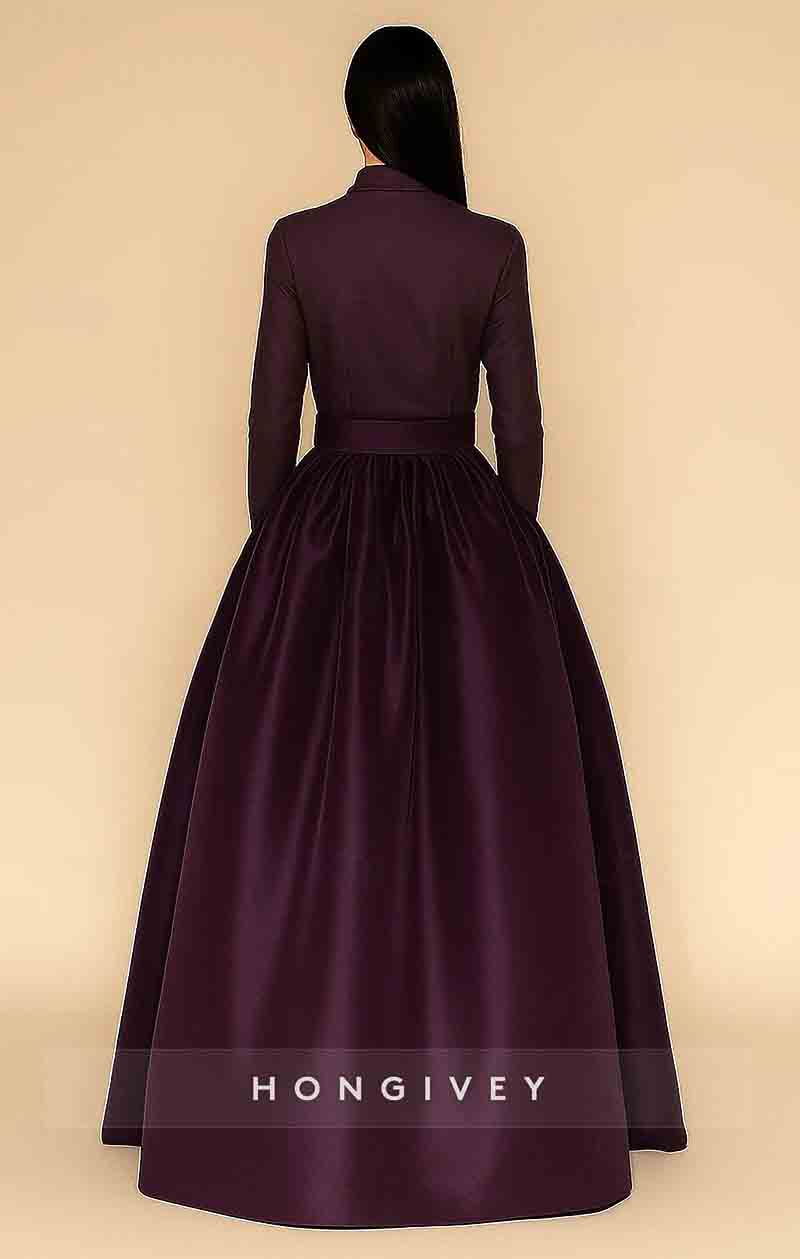 A-Line Floor Length Evening Gown Elegant Silky Long Sleeve High Neck Pocket Satin Stretch Satin with Bow