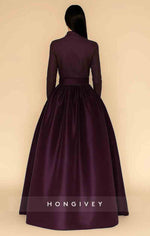 A-Line Floor Length Evening Gown Elegant Silky Long Sleeve High Neck Pocket Satin Stretch Satin with Bow
