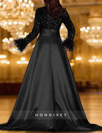 Sequins V-Neck Long Sleeve A-Line Evening Dress