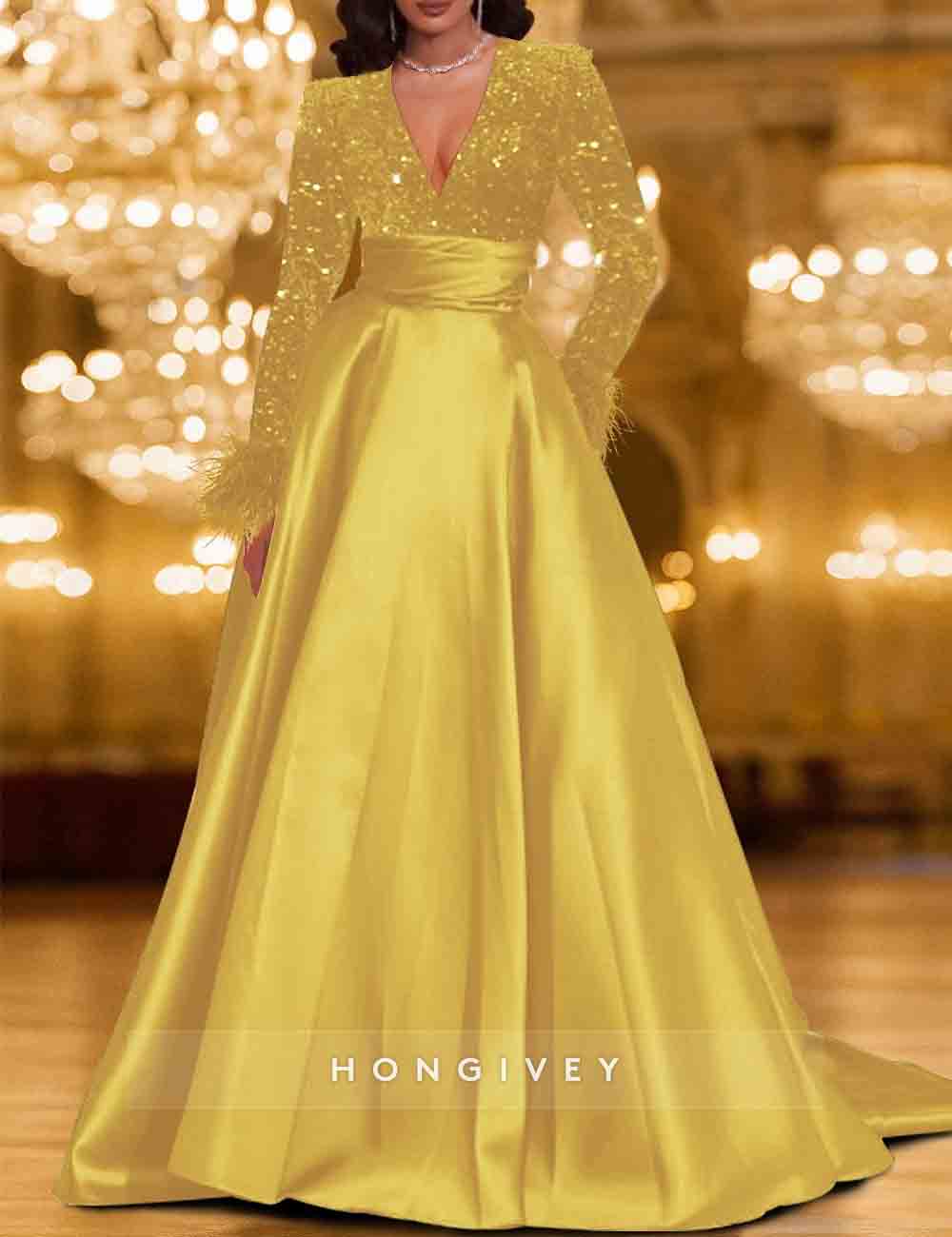 Sequins V-Neck Long Sleeve A-Line Evening Dress