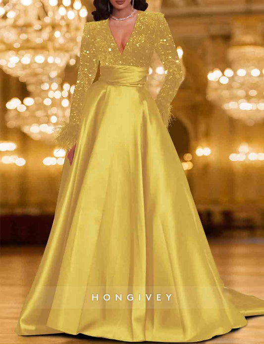 Sequins V-Neck Long Sleeve A-Line Evening Dress