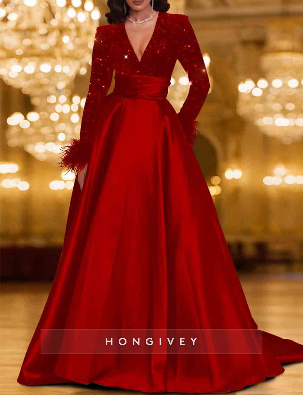 Sequins V-Neck Long Sleeve A-Line Evening Dress