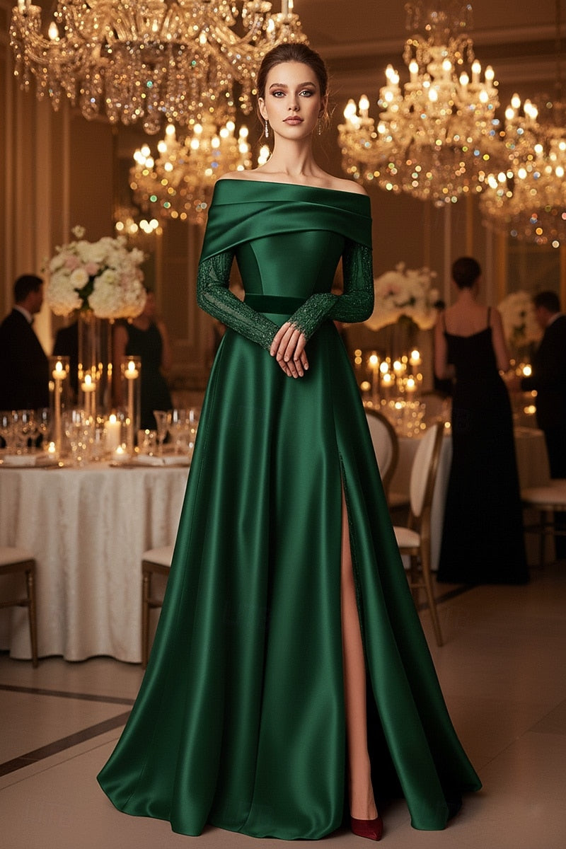 A-Line Side Slit Off the Shoulder Long Sleeve Formal Evening Dress