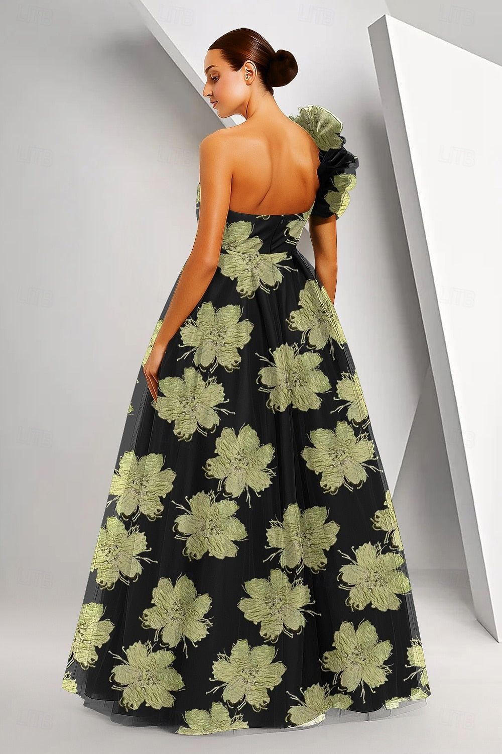Fashion One Shoulder Flowers Floral Print Ruched A-Line Sleeveless Evening Dress
