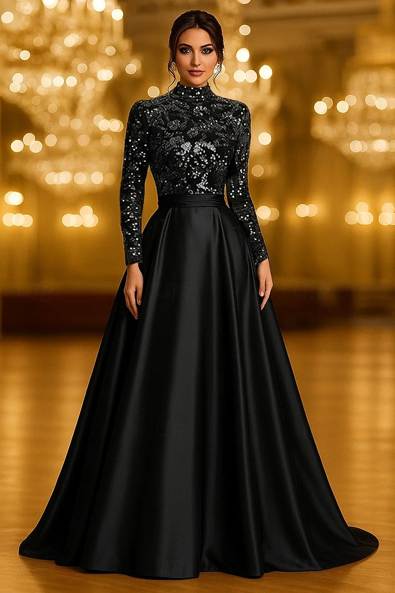 A-Line Floor Length Evening Gown Elegant Vintage Glittering Long Sleeve High Neck Formal Wedding Pocket Satin