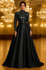 A-Line Floor Length Evening Gown Elegant Vintage Glittering Long Sleeve High Neck Formal Wedding Pocket Satin