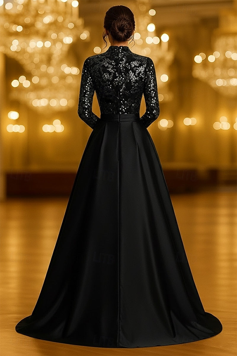 A-Line Floor Length Evening Gown Elegant Vintage Glittering Long Sleeve High Neck Formal Wedding Pocket Satin