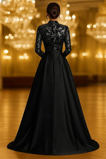 A-Line Floor Length Evening Gown Elegant Vintage Glittering Long Sleeve High Neck Formal Wedding Pocket Satin