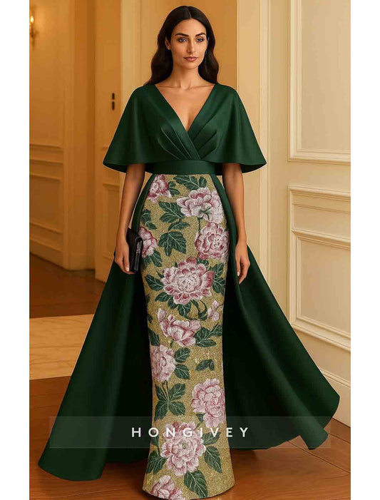 V Neck Flutter Sleeves Mermaid Court Train Evening Dress