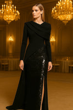 Long Sleeve Sequins Sparkle Mermaid Side Slit Button Eevning Dress