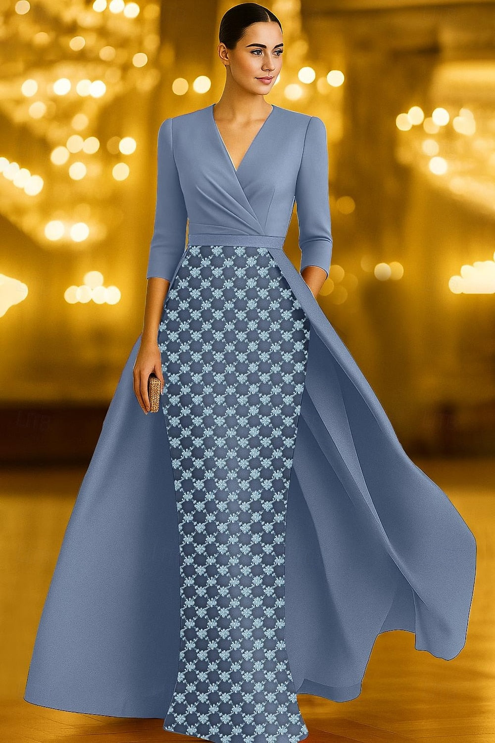 Luxury Beaded V-Neck 3/4 Sleeve Mermaid Sparkle Evening Dress