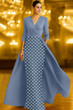 Luxury Beaded V-Neck 3/4 Sleeve Mermaid Sparkle Evening Dress