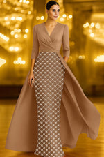 Luxury Beaded V-Neck 3/4 Sleeve Mermaid Sparkle Evening Dress