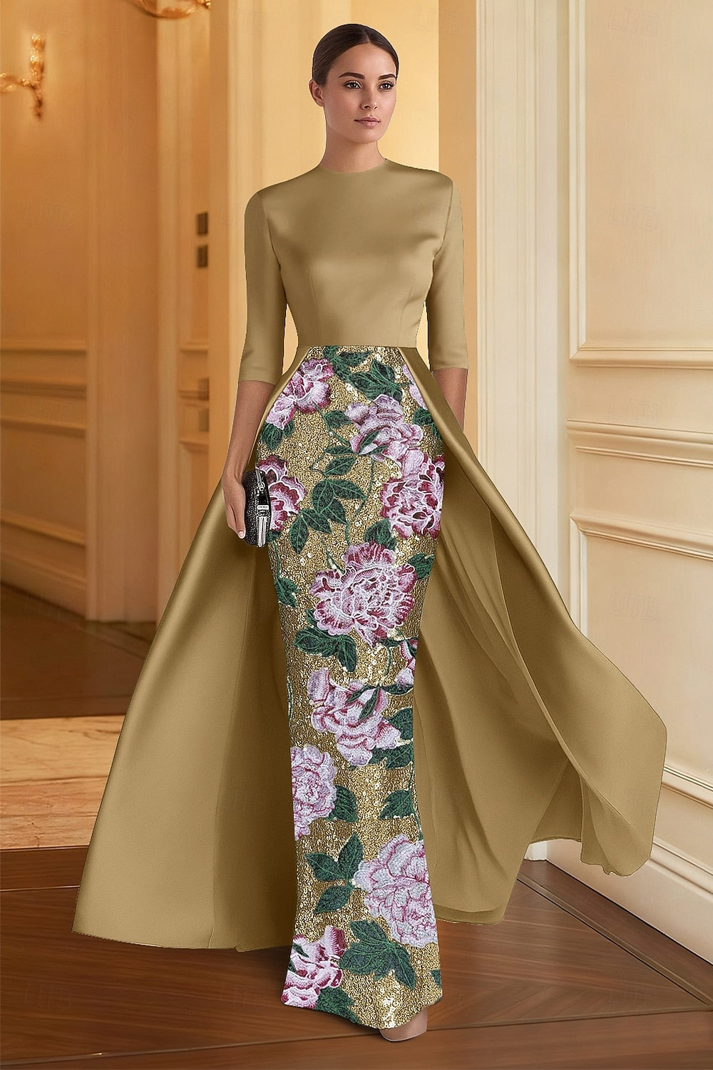 A-Line Floor Length 3/4 Sleeve Evening Gown Ball Gown with Overskirt Formal Dress Elegant Glittering Sparkle Half Sleeve Crew Neck Formal Wedding Satin Sequined with Slit Embroidery