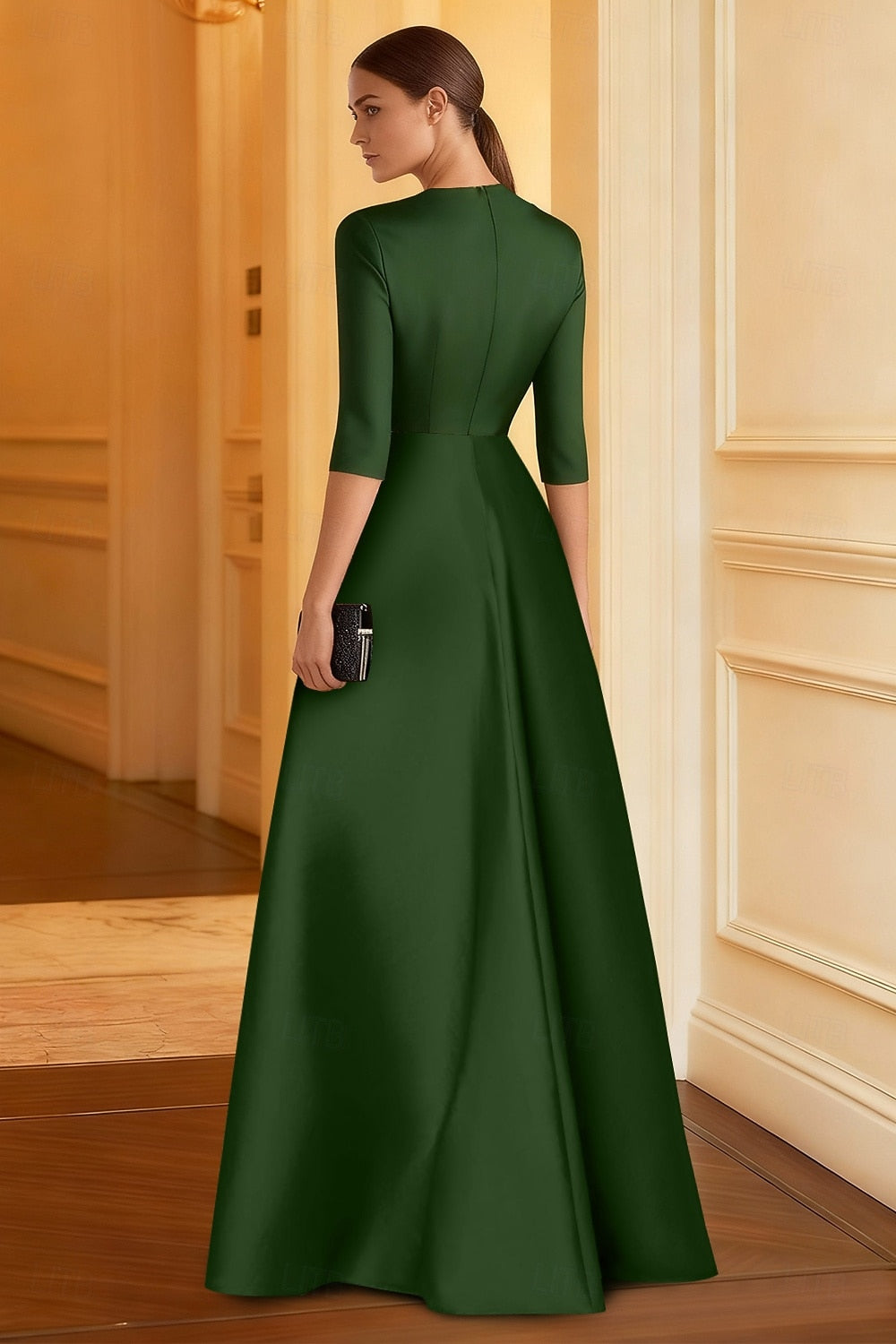 A-Line Floor Length 3/4 Sleeve Evening Gown Ball Gown with Overskirt Formal Dress Elegant Glittering Sparkle Half Sleeve Crew Neck Formal Wedding Satin Sequined with Slit Embroidery