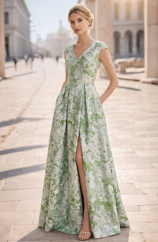 A-Line V-Neck Sleeveless Flowers Floral Print Side Slit Evening Dress