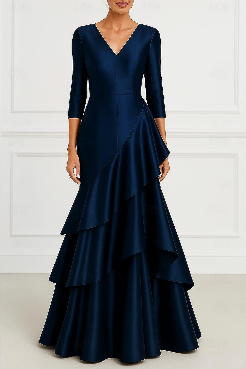 V-Neck 3/4 Sleeve Mermaid Backless Evening Gown Mother of the Bride Dress