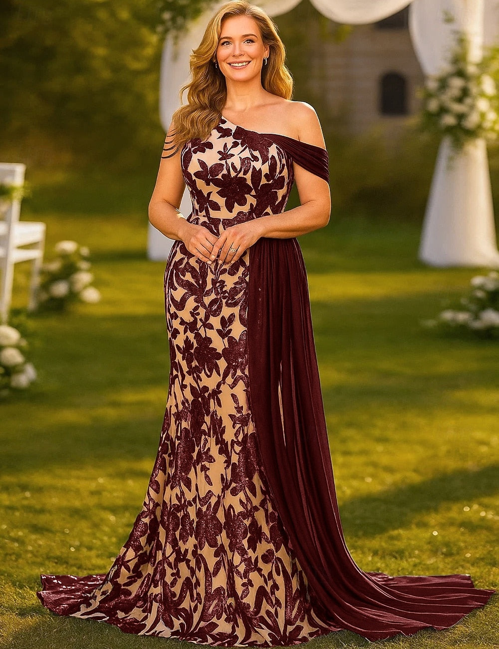 Aplique One Shoulder Mermaid Floor-Length Evening Dress Women Flowers