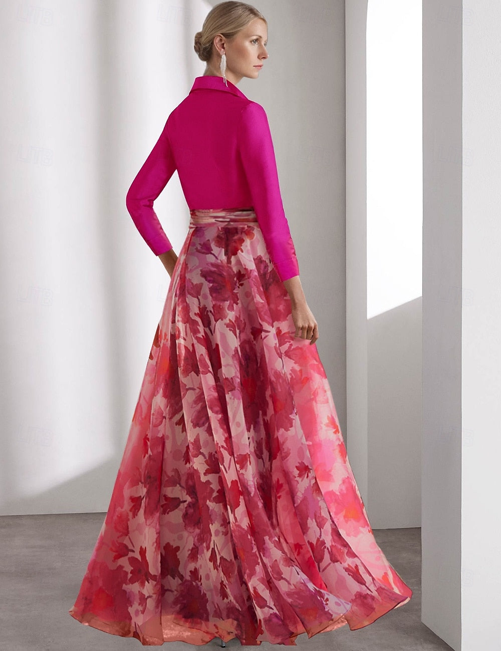 Fuchsia V-Neck Long Sleeve Floral Print Flowers A-Line Mother of the Bride Dress