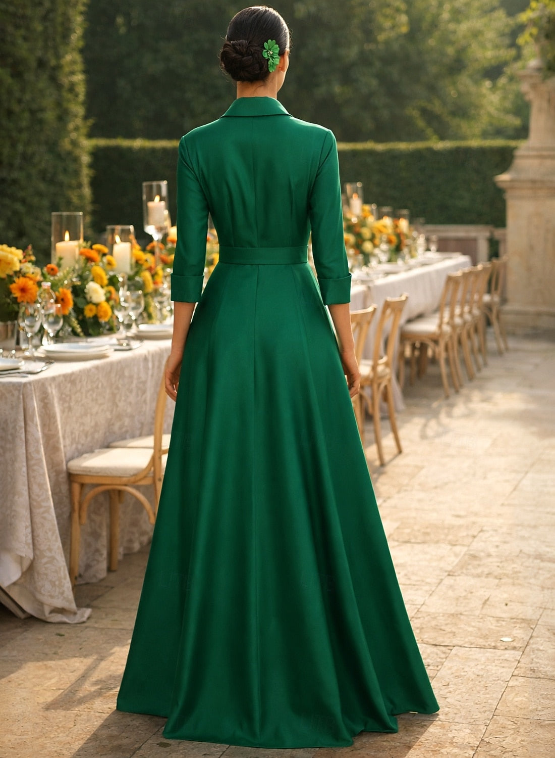 3/4 Sleeve Flowers A-Line Side Slit Flowers Evening Dress