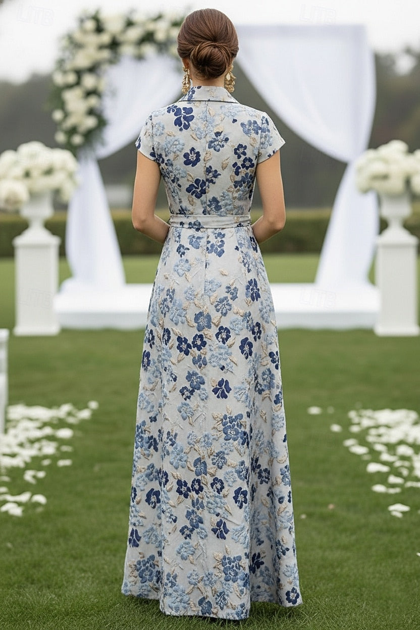 Sleeveless V-Neck Flowers Floral Print A-Line Evening Dress