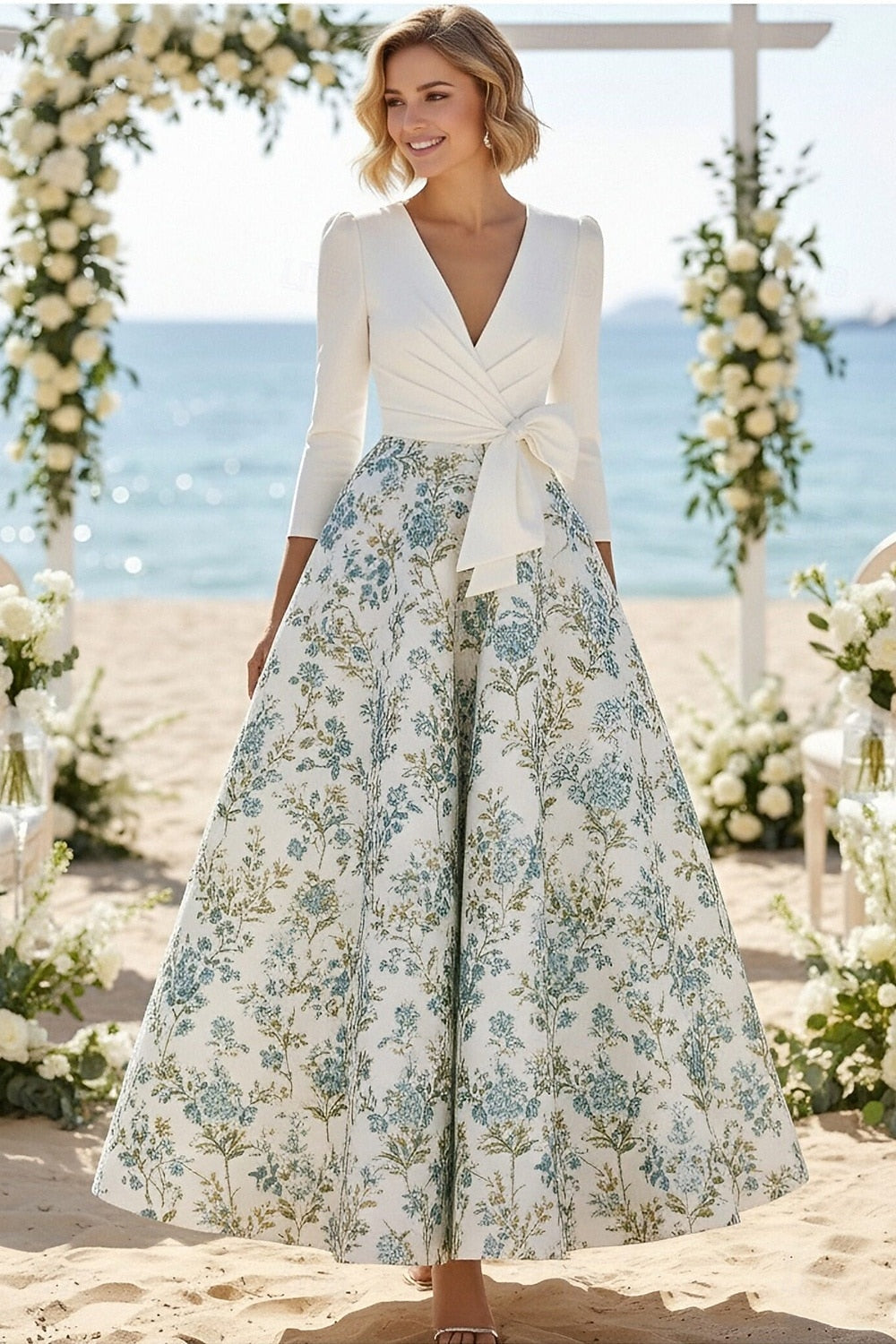 V-Neck 3/4 Sleeve A-Line Flowers Floral Print Ankle-Length Evening Dress