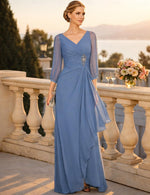 V-Neck Long Sleeve Mermaid Beaded Evening Dress Floor-Length