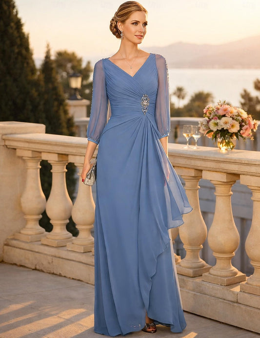 V-Neck Long Sleeve Mermaid Beaded Evening Dress Floor-Length