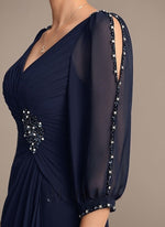 V-Neck Long Sleeve Mermaid Beaded Evening Dress Floor-Length