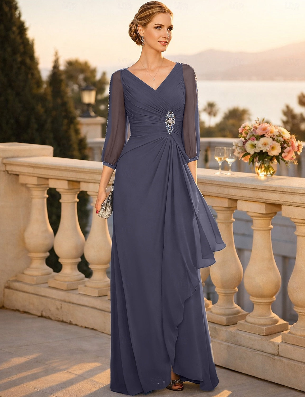 V-Neck Long Sleeve Mermaid Beaded Evening Dress Floor-Length
