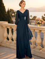 V-Neck Long Sleeve Mermaid Beaded Evening Dress Floor-Length