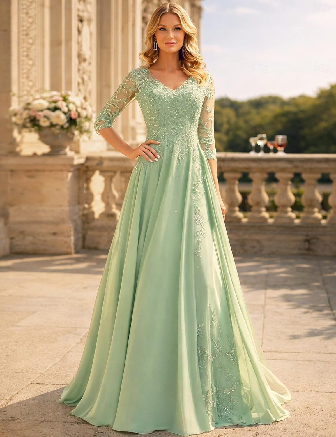 Green Lace 3/4 Sleeve Applique A-Line Evening Dress Floor-Length