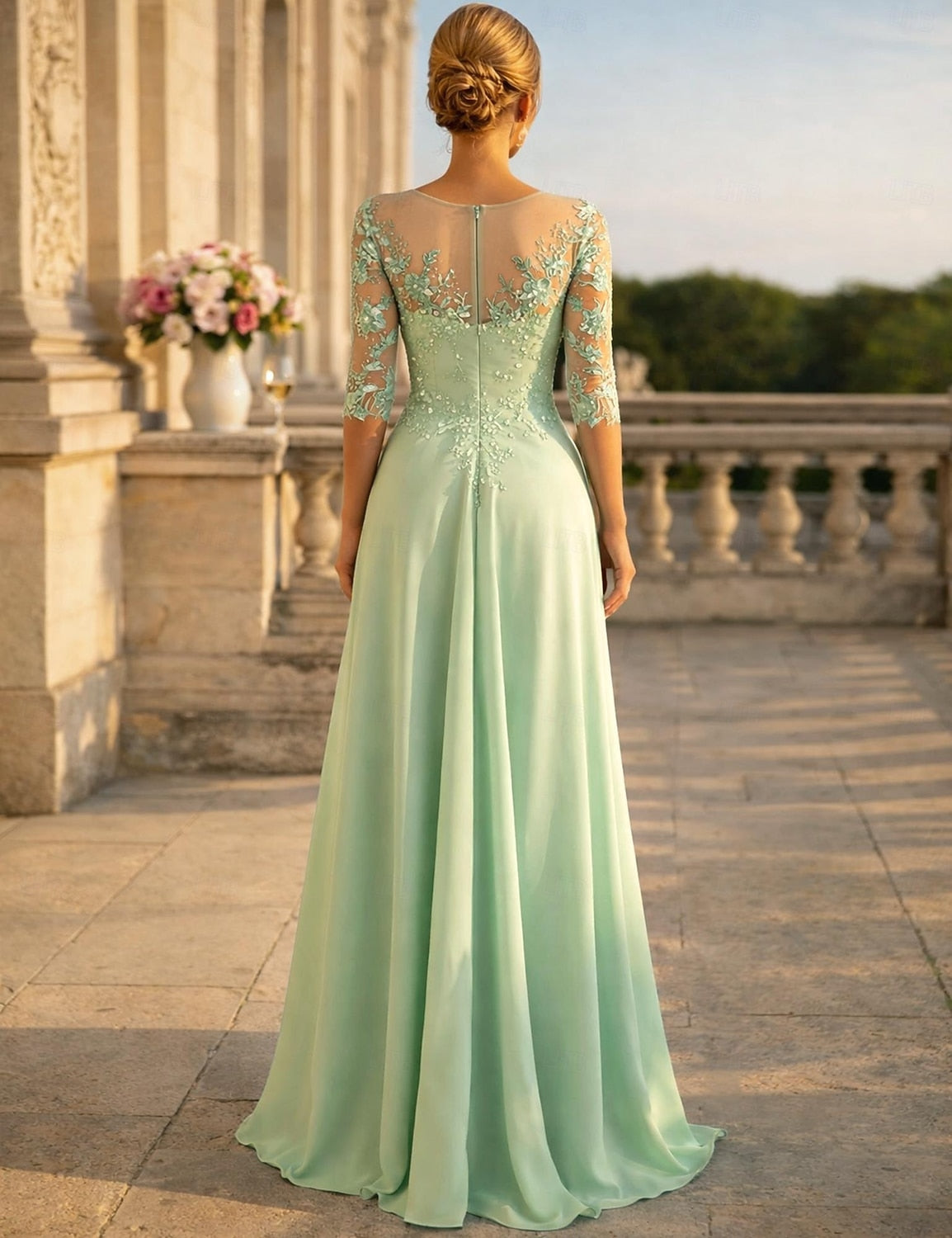 Green Lace 3/4 Sleeve Applique A-Line Evening Dress Floor-Length