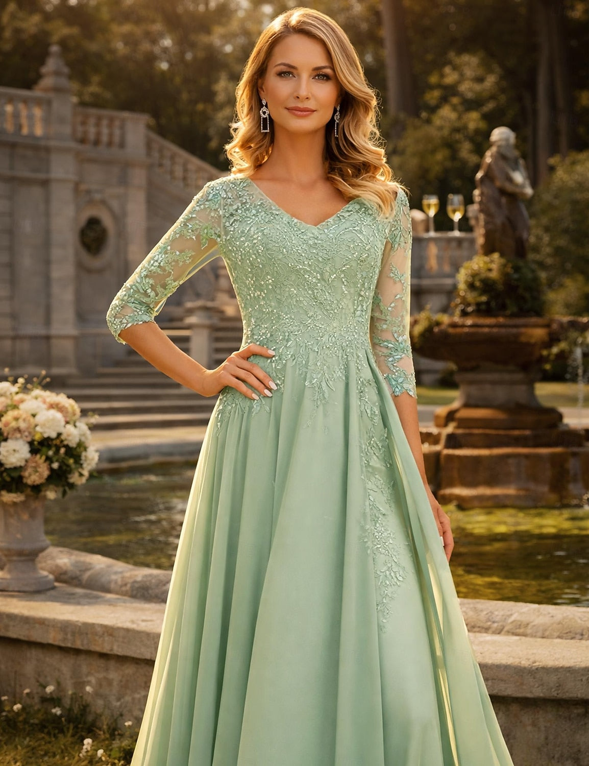 Green Lace 3/4 Sleeve Applique A-Line Evening Dress Floor-Length