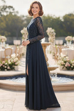 Lace Long Sleeve Applique Sparkle Mermaid Side Slit Evening Dress