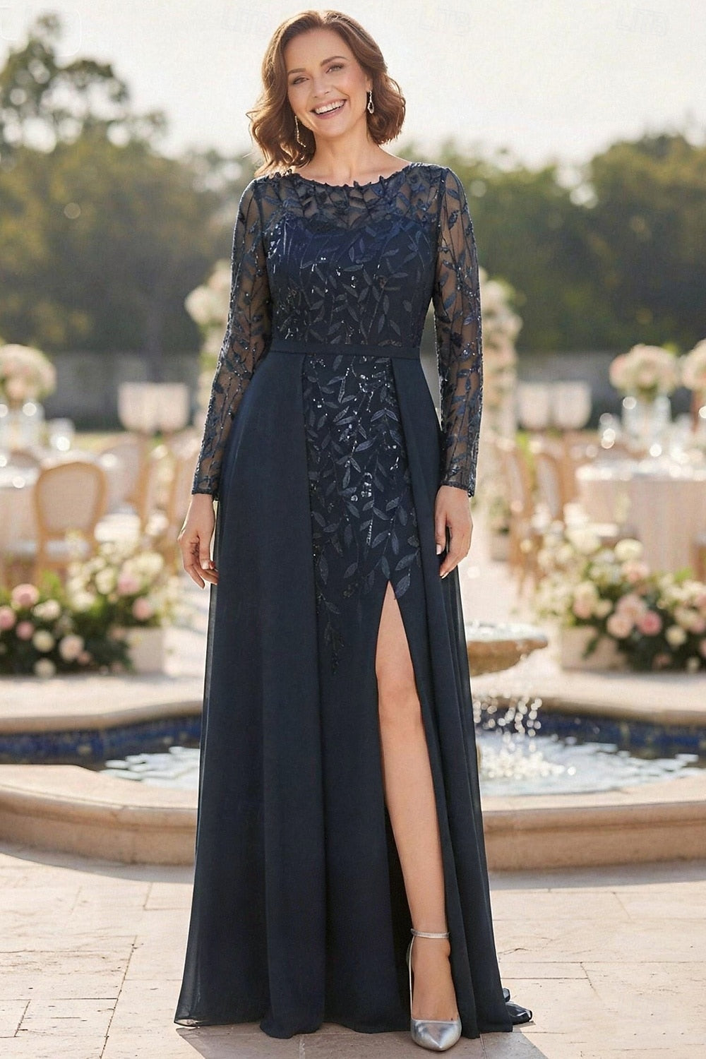 Lace Long Sleeve Applique Sparkle Mermaid Side Slit Evening Dress