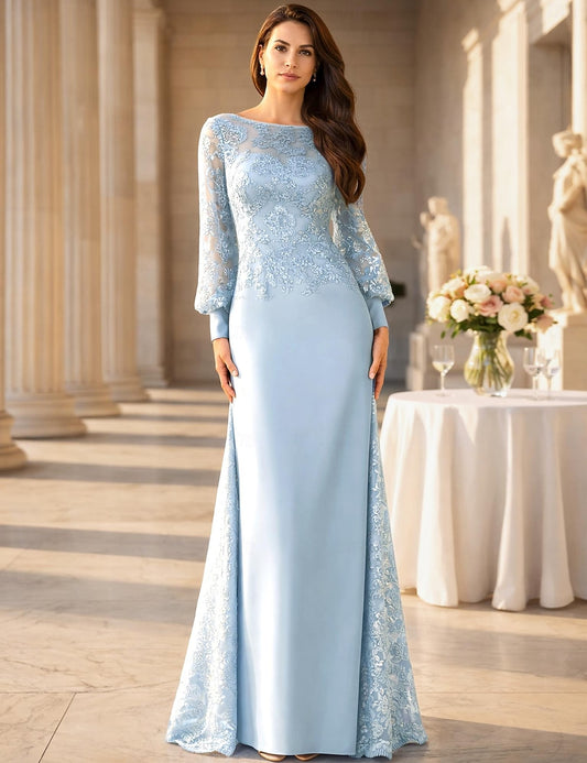 Blue Long Sleeve Lace Applique Backless Mermaid Evening Dress